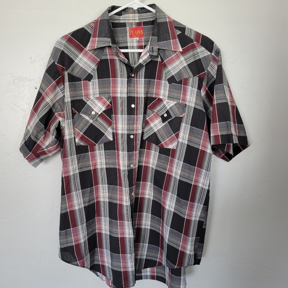 Ely Plains Men's Large Short Sleeve Button Up Shirt Pearl Snap Plaid Red Black - Picture 1 of 5